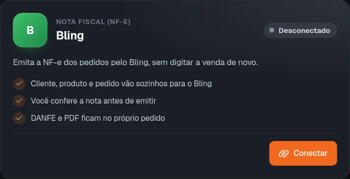 Card do Bling em Integrações com o botão Conectar
