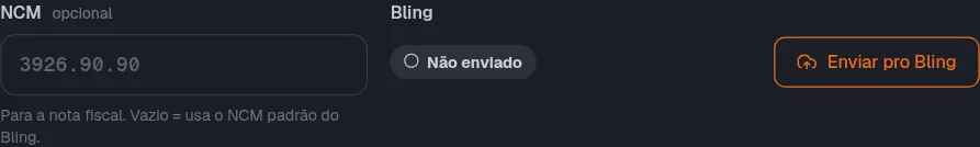 Campo NCM do produto e botão Enviar pro Bling