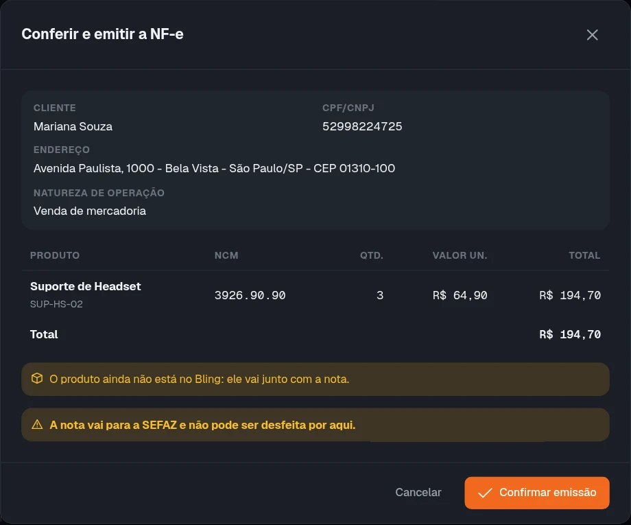 Tela Conferir e emitir a NF-e com cliente, itens e total