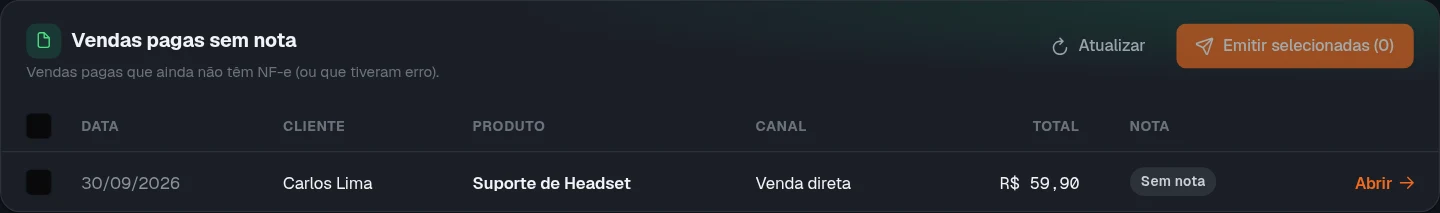 Lista Vendas pagas sem nota com o botão Emitir selecionadas