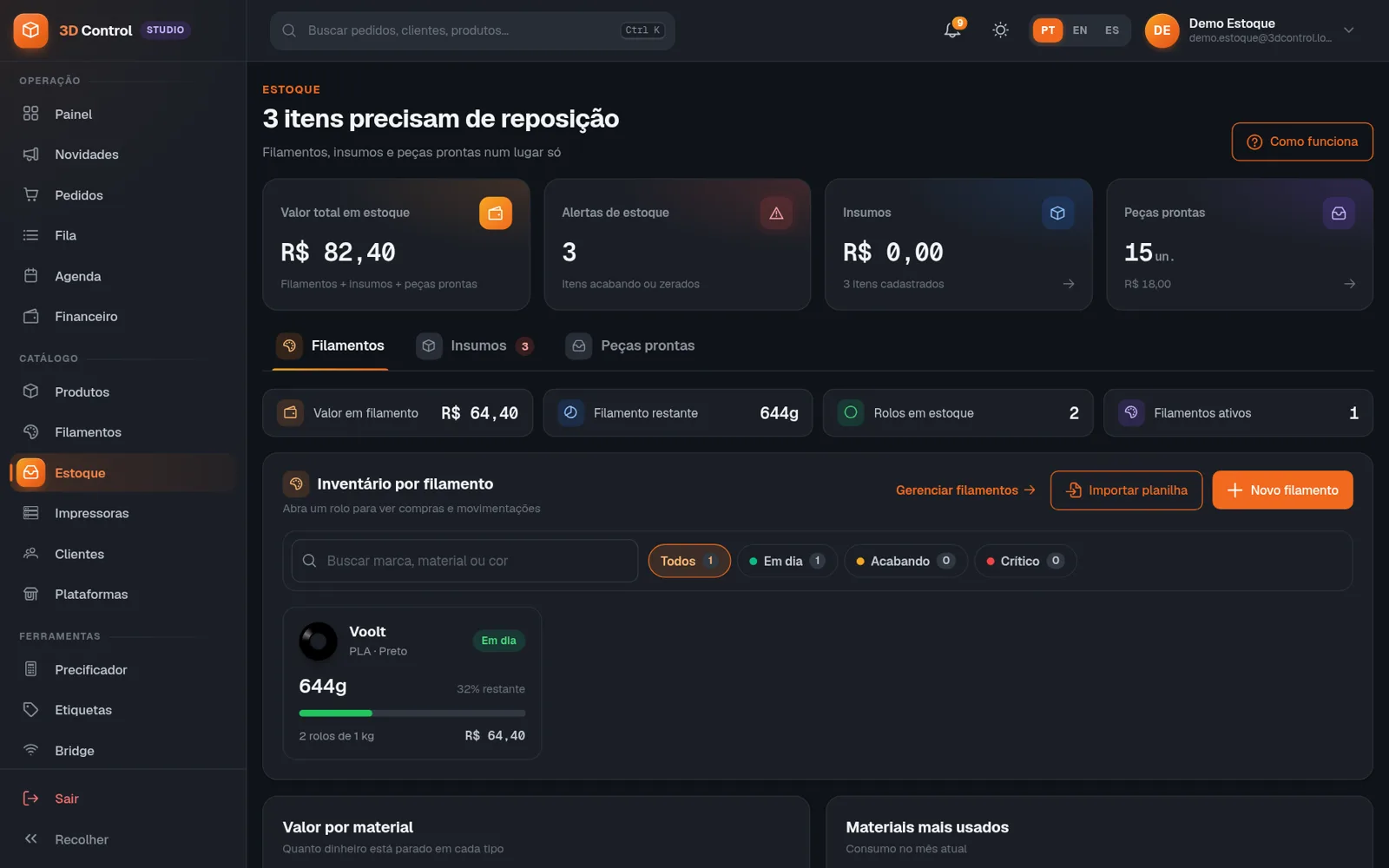 Estoque de filamentos, insumos e peças prontas, com alertas de estoque baixo.